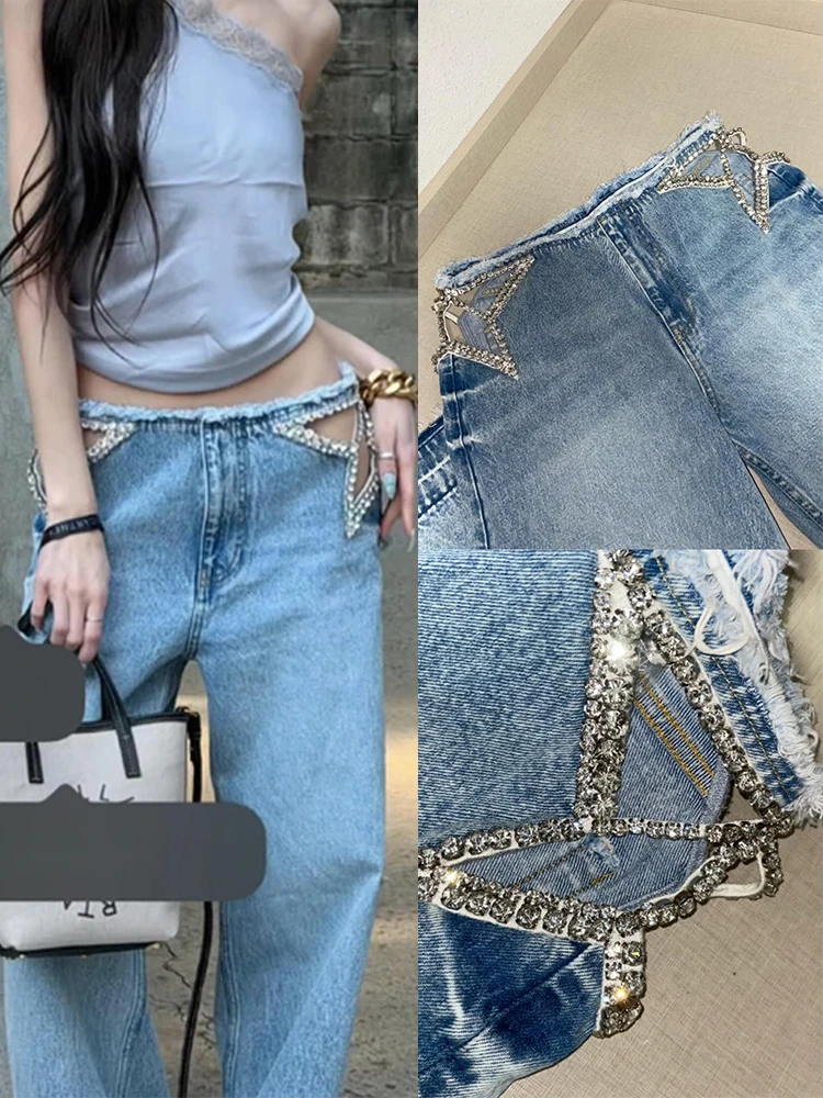 

American High Street Star Hollow out Rhinestone Jeans Women Summer New Spicy Design Sense Frayed Floor-Length Pants Trendy