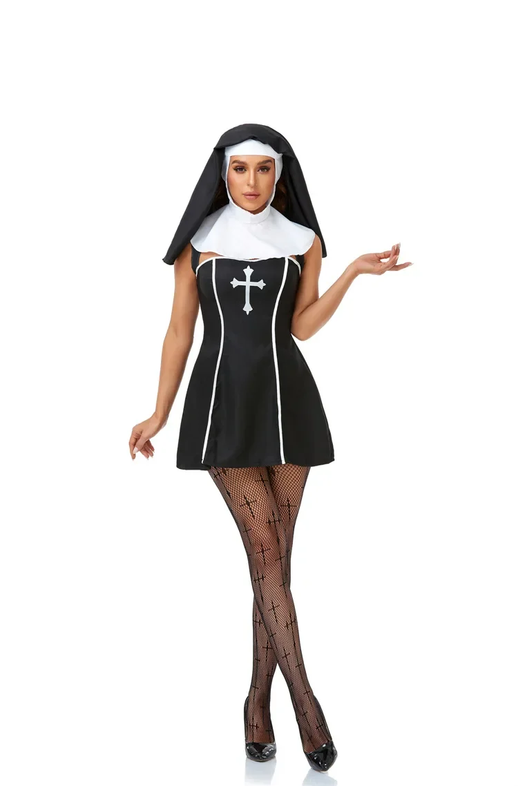 Pasqua Halloween Cosplay Party Costume adulto Sexy Nun femminile sacerdote preghiera insegnante vestito senza maniche in bianco e nero vestito da palcoscenico