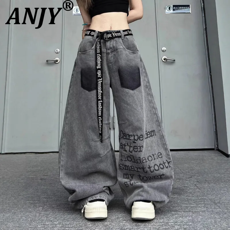 ANJY خريف جديد الأمريكية خمر العصرية خطابات طباعة المد الدنيم السراويل للجنسين فضفاض ملابس الشارع الشهير شيك واسعة الساق الجينز A15407