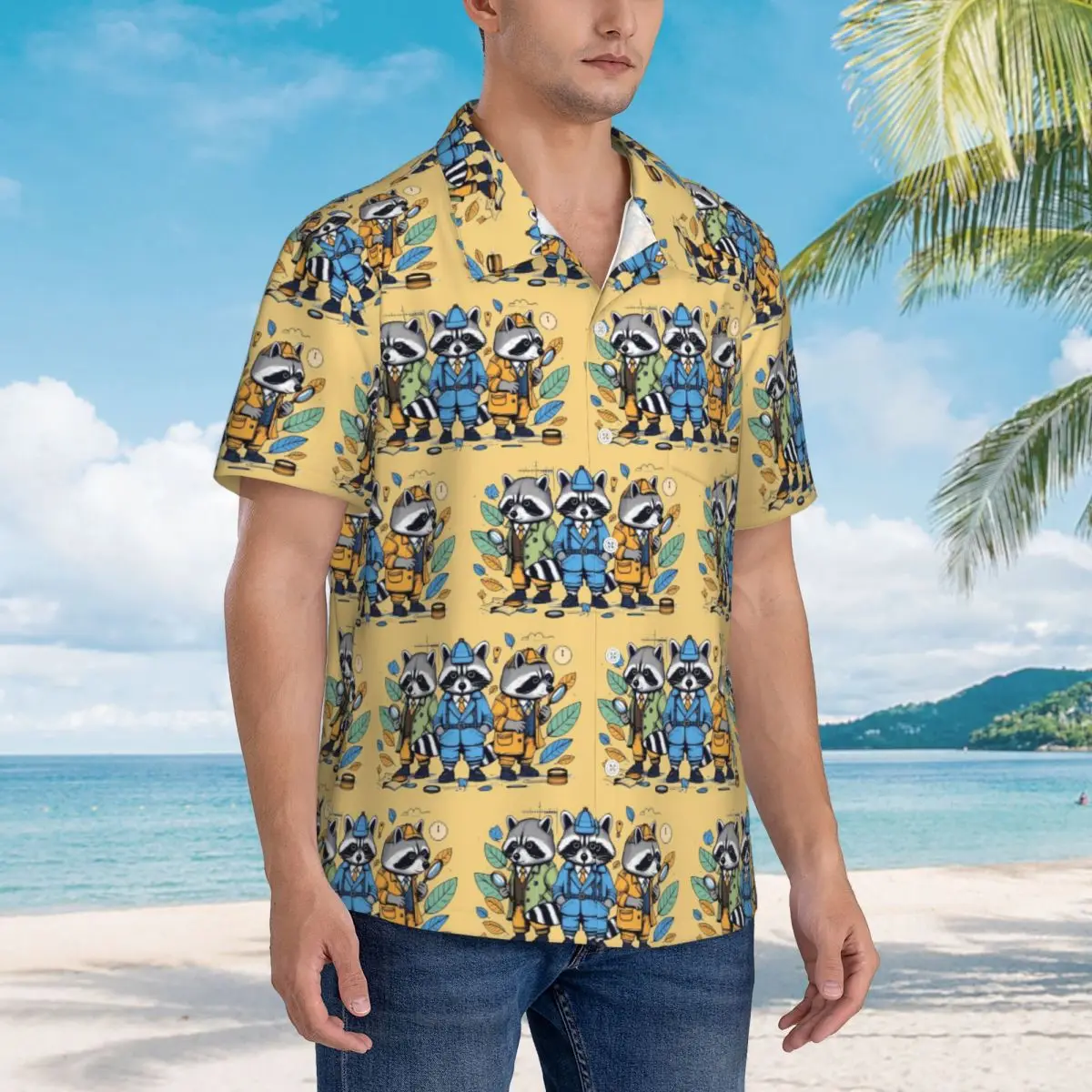 

Raccoon Detectives Hawaiian Shirts Casual Men Short Sleeve Shirt for Summer Beach Men's Button Tops