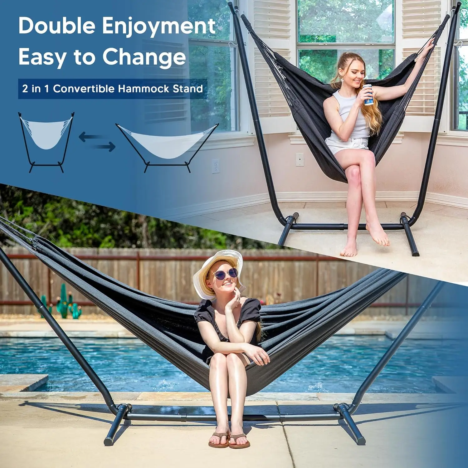 2-in-1 Convertible Double Hammock with Stand, Portable Outdoor Hammock Bed and Chair Set for Backyard Camping