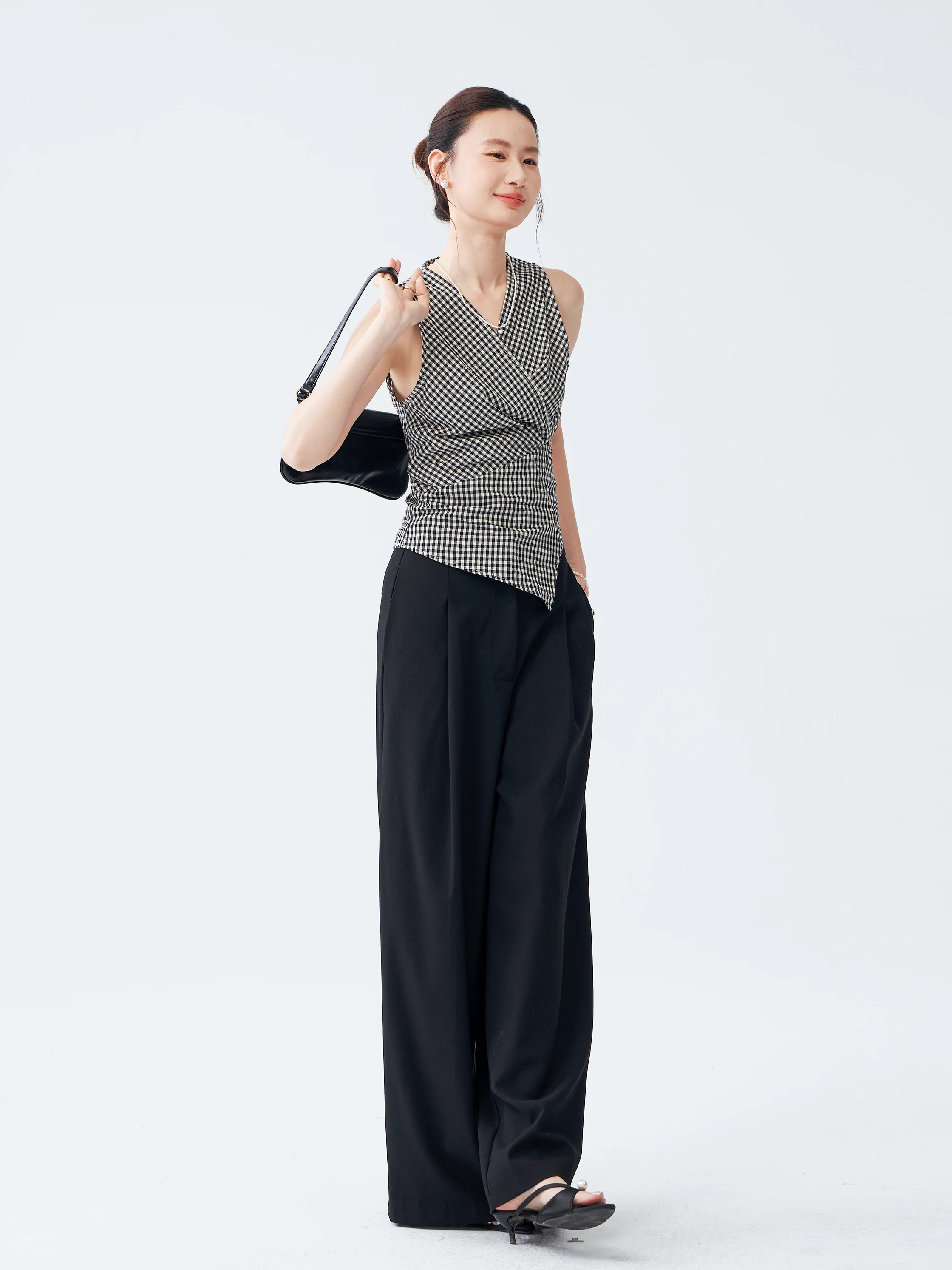 Slim Fit V-Neck Sleeveless Vest Women's Summer Waist Cinching Belted Back Asymmetric Design Versatile Top French Style Gathered
