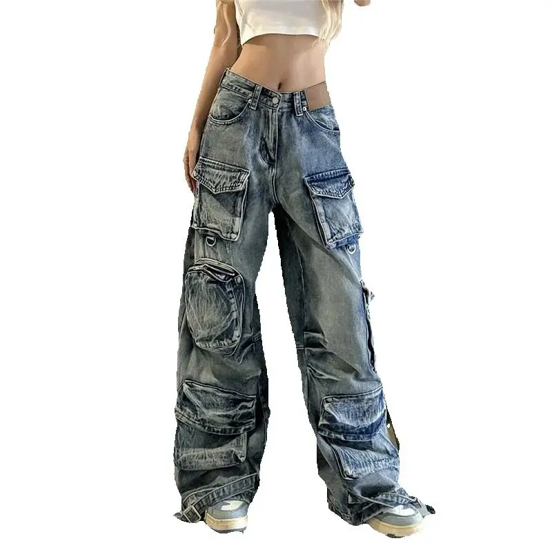 Spring And Summer American Retro Multi Pocket Workwear Jeans Women's High Street Casual Distressed Washed Wide Leg Pants Trend