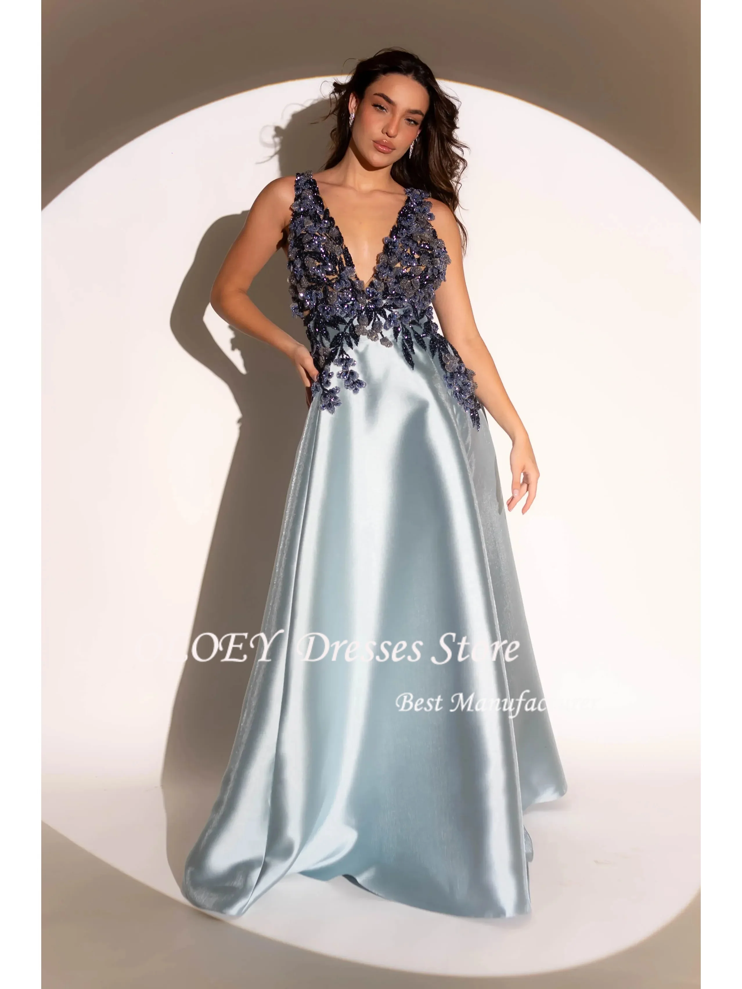 OLOEY ชุดเดรสสายเดี่ยวสีฟ้า ชุดเดรสทางการ คอวีลึก ชุดเดรสสำหรับงานแต่งงาน ประดับลูกไม้ ชุดเดรสสำหรับโอกาสพิเศษ สามารถสั่งตัดได้