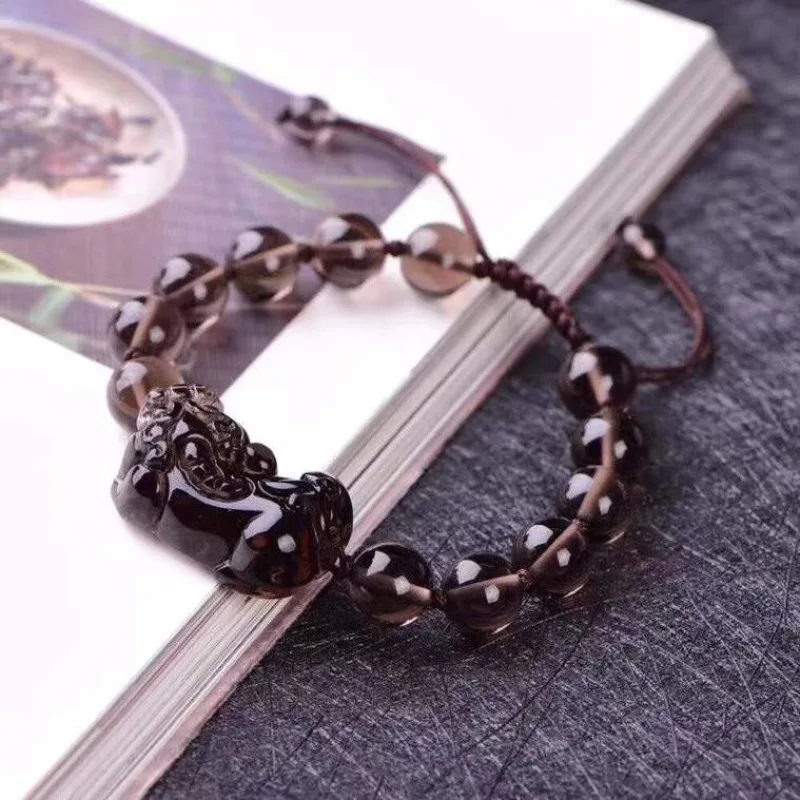 

Natural Black Obsidian Pixiu Men And Women, Leather Rest Bead Bracelet 10-14Mm