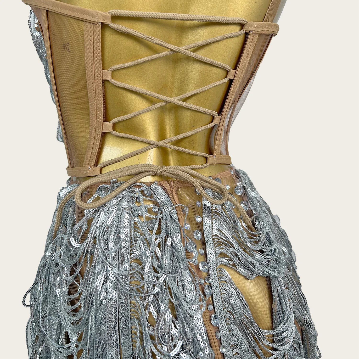 

Silver Sparkly Rhinestone Sheer Mesh Mini Dress Sexy Women Sequins Tassel Dance Wear Night Party gig Show Fancy Outfit Fengling