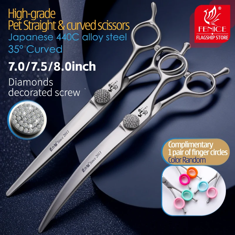 Fenice High grade 7.0/7.5/8.0 inch Straight 35° Curved Pet Hairdressing Grooming Scissors Shears for Pet Groomers Beauticians