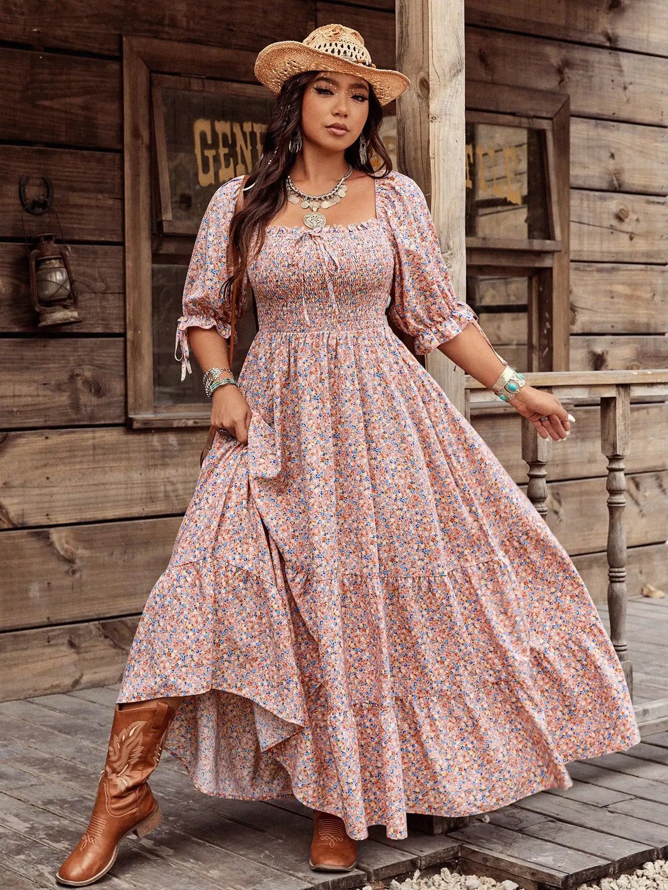 

Plus Size Boho Square Neck Floral Layered Maxi Dress with Puff Sleeves