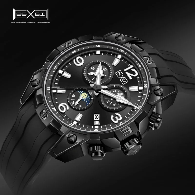 BEXEI 2025 أسود المحارب شهر يوم أسبوع التقويم 24H متعددة الوظائف الميكانيكية حركة أوتوماتيكية رجل ساعة الياقوت الكريستال