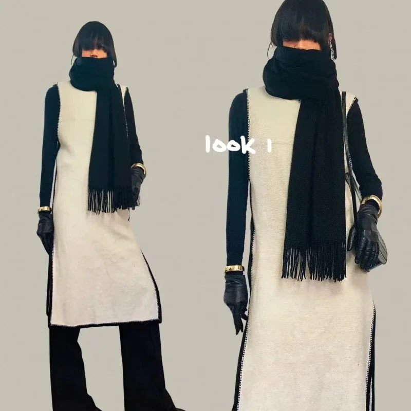 210*40cm Solid Black Women\'s Scarf Winter Fashion Versatile Large Shawl Cashmere Bandana Warm Thick Soft Big Tassel Women Scarf