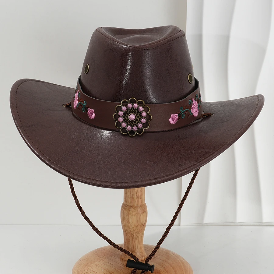 Faux Leather Western Cowboy Hats For Women Men Vintage Wide Brim Gentleman Church Jazz Cap Cowgirl Hats Sombrero Hombre