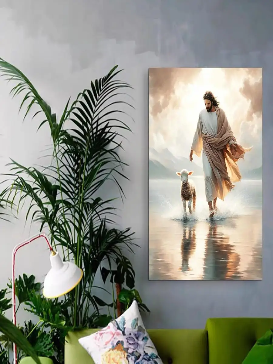 Jesus and Lamb Canvas Wall Art  Jesus Walking on Water Poster  Christian Wall Decor HD Print for Living Room  Bedroom  Unframed