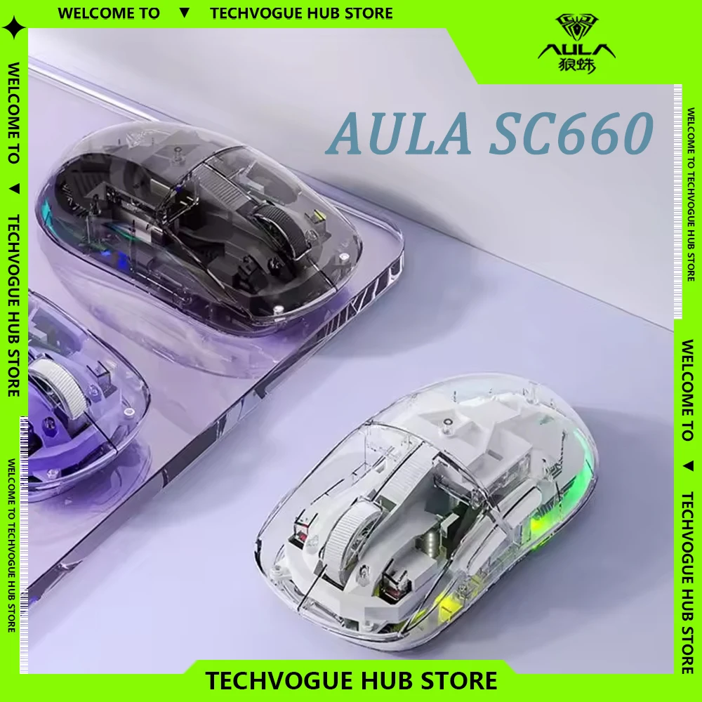 AULA SC660 Tri Mode Ergonomic 10000DPI Optical Sensor Gaming Mouse Wireless Bluetooth Mouse Transparent Gamer Desktop Customized