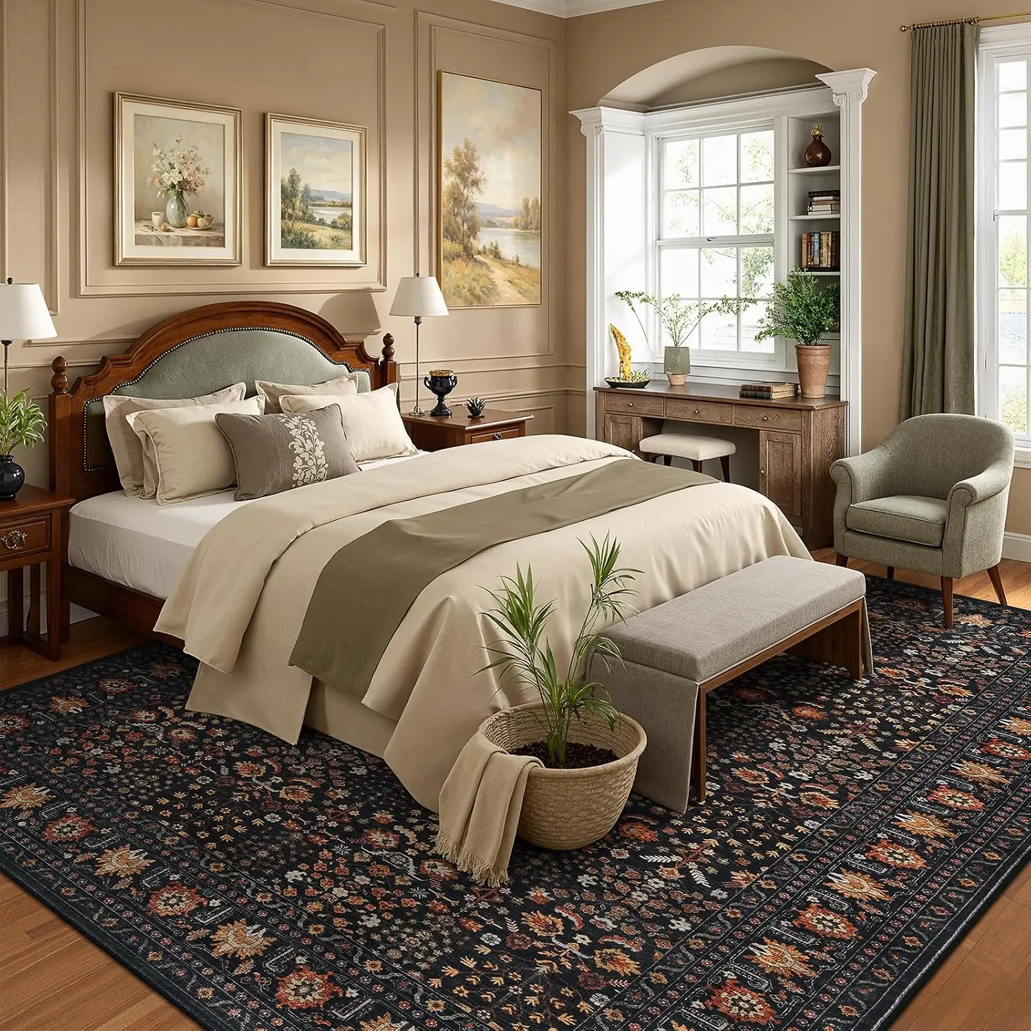 9x12 Extra Large Vintage Floral Boho Area Rug Washable Non Slip Carpet for Living Room Home Office Dining Room Home Decor