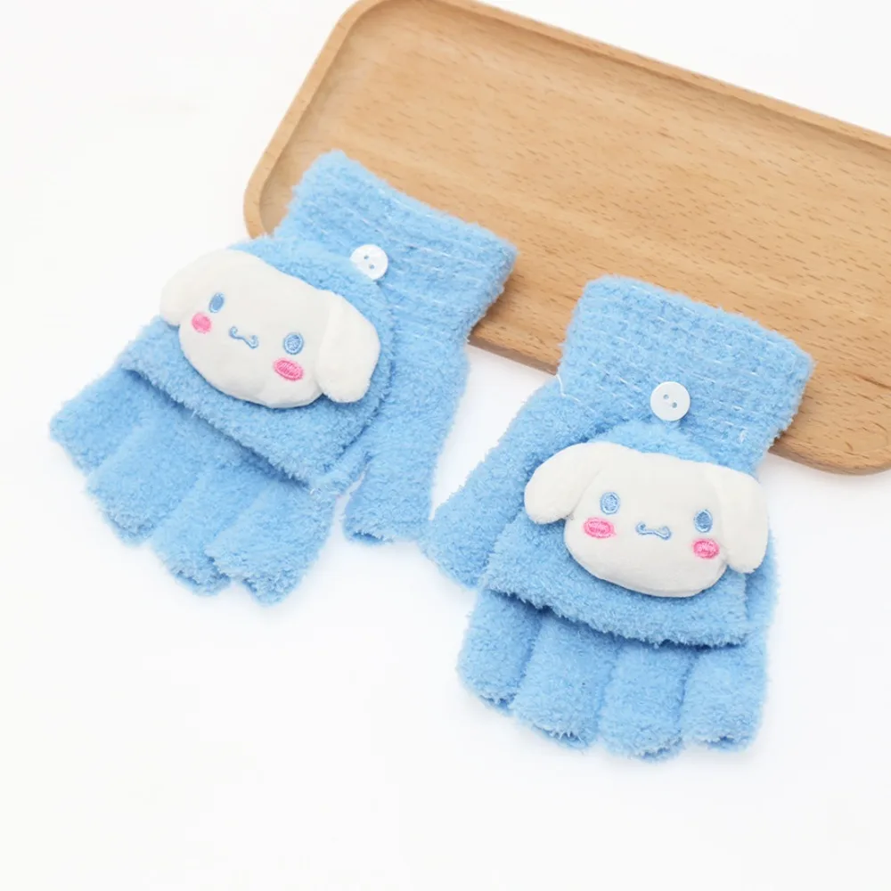 Sanrio Hello Kitty Winter Gloves Cute Kuromi Cinnamoroll Warm Half Finger Gloves Open Flap Knitted Thick Women Mitt Screen Touch