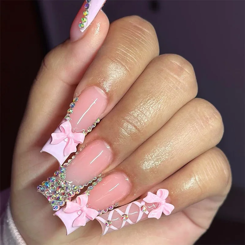 

24PCS Wearing Nail Pink France 3D Sweet Bow Wearing Nail Long Square Fake Nails Patch Detachable Nail Patch Press on Nails