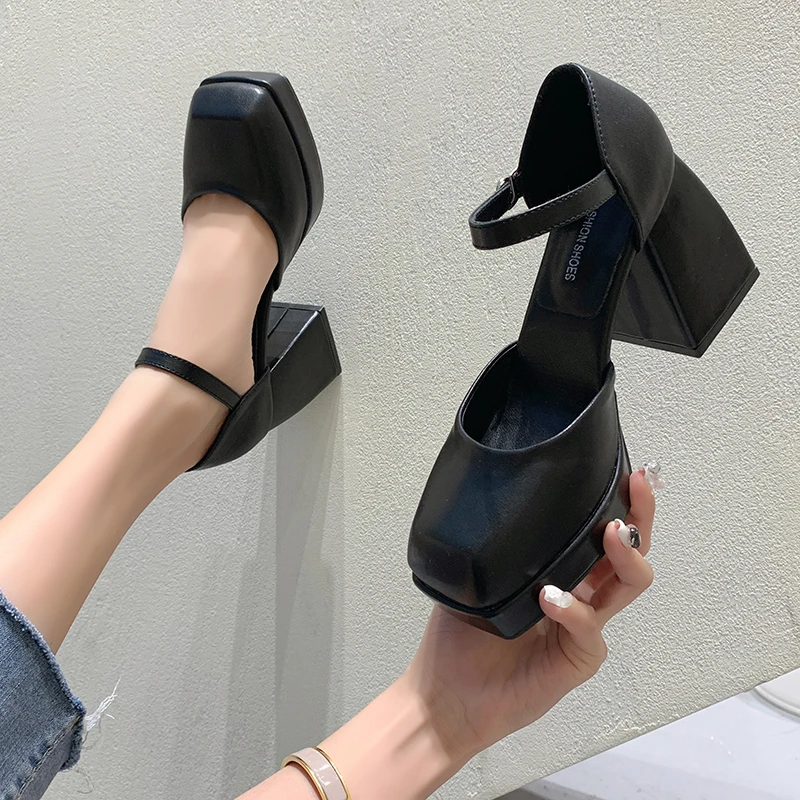 2024 Spring and Summer New Waterproof Platform Simple Black Thick Heel High Heels Women\'s Thick Sole Elegant Shoes