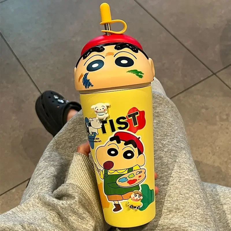 Crayon Shin-chan 600ml Thermos Cup Large Capacity Cute Cartoon Ice Cup 304 Stainless Steel Children Straw Cup Kawaii Gift