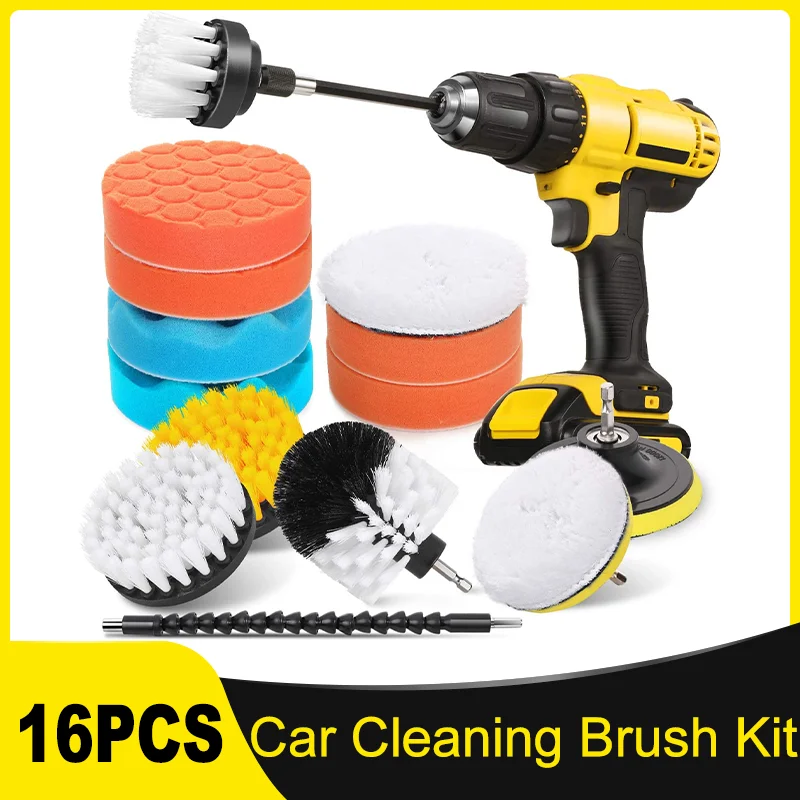 

16 Pcs Car Cleaning Brush Kit Polishing & Buffing Pads Kit Soft Bristle Power Scrubber with Extend Attachment for Cleaning Car