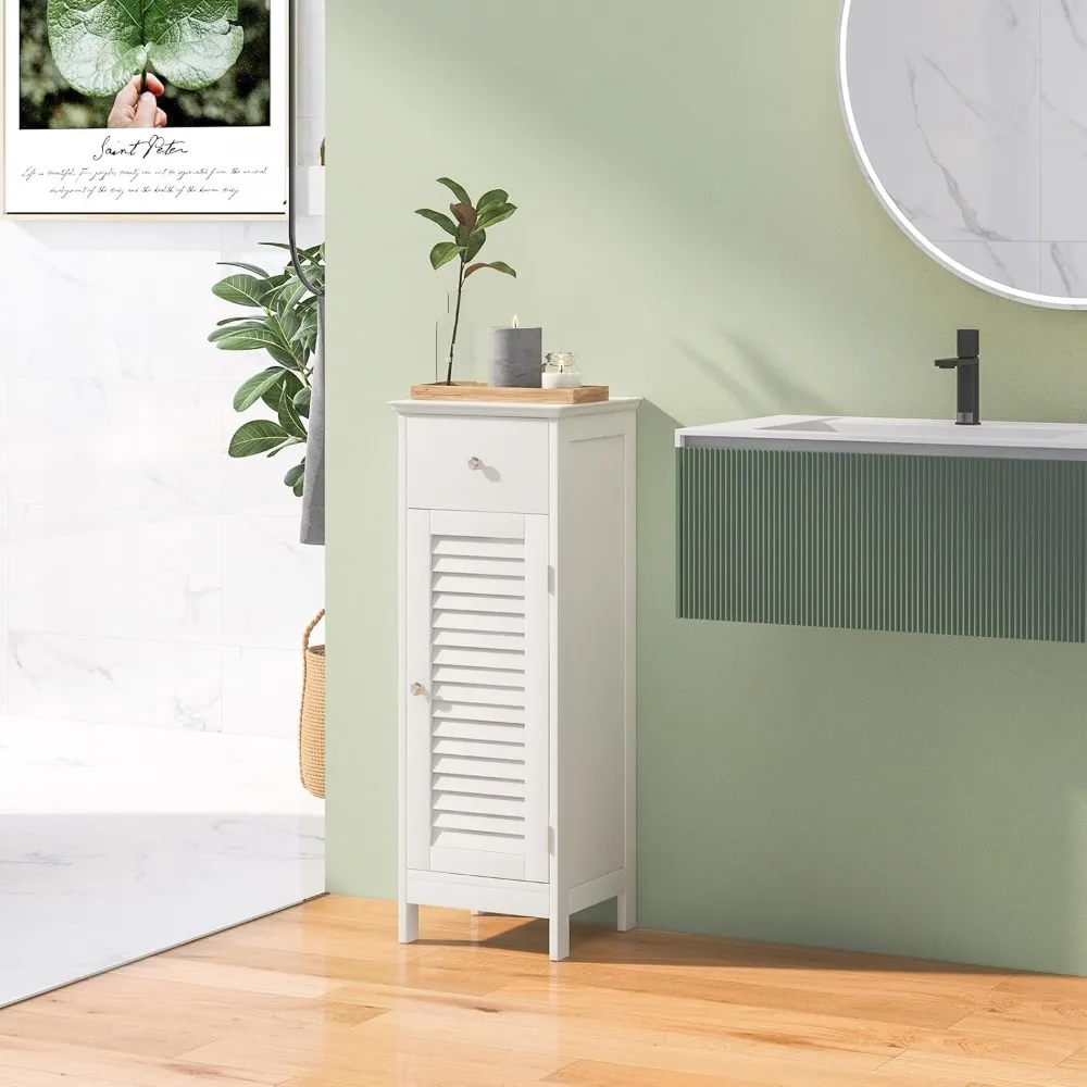 خزانة حمام رفيعة، خزانة ضيقة للأرضيات الخشبية مع درج وباب مصراع، رف قابل للتعديل ومضاد للتنوب