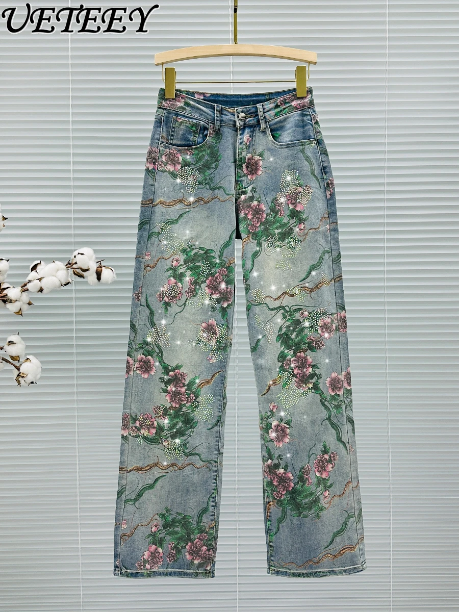 

Embroidery Printed Rhinestones Mop Jeans Women Trousers 2024 Spring Summer New High Waist Slim-Fit Denim Wide Leg Pants Street