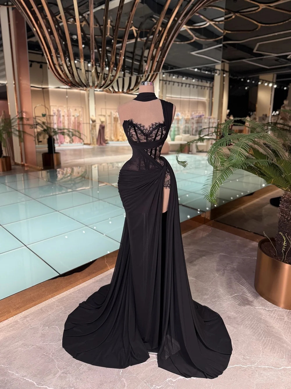 

Sexy Side Slit Evening Dress Graceful Sleeveless Evening Gown Romantic Lace A-Line Floor-Length Party Gown Customized