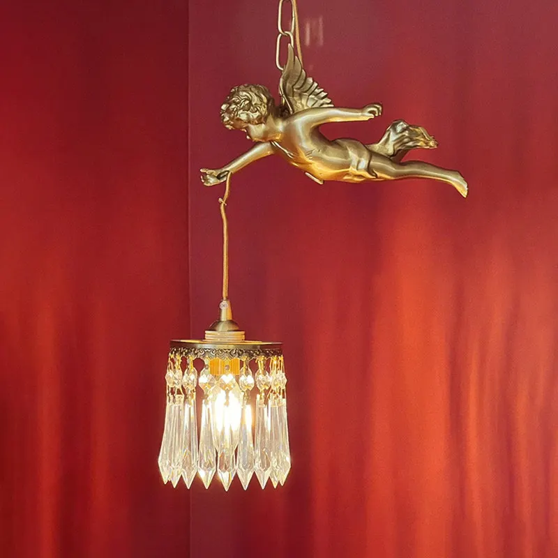 

French Retro Palace Style All Copper Angel Small Pendant Light Corridor Porch Balcony Bedroom Bedside Creativity Hanging Lamps