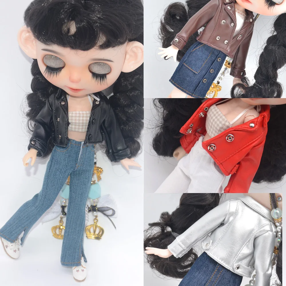 Fashion New leather jacket, ripped pants fits Blyth doll Azone OB23 OB24 doll accessories