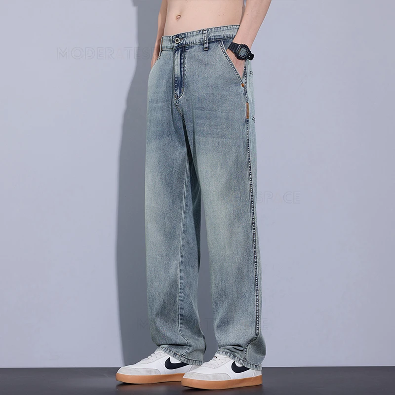 Summer Thin Men's Lyocell Jeans Breathable Soft Drape Denim Pants Straight Leg Fashion Korean Style Business Casual Trousers