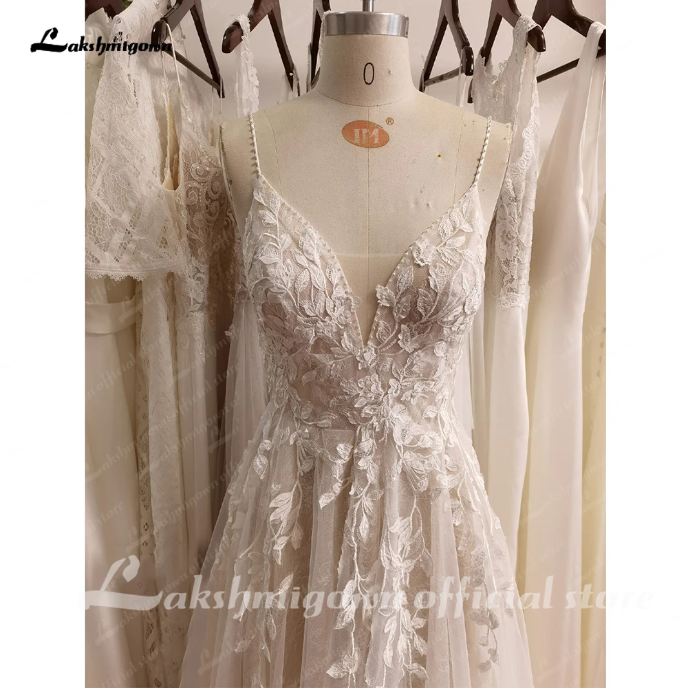 Lakshmigown Brautkleid mit Spaghettiträgern und Tüll, V-Ausschnitt, ärmellos, bodenlang, maßgeschneidert – Detail 7