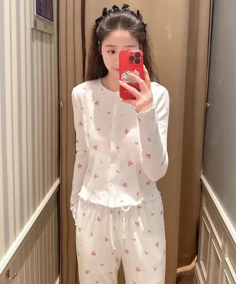 Japan Style Cotton Knitted Sakura Printed Cardigan Button Room wear Long Pajamas Lounge Wear Women Sleepwear