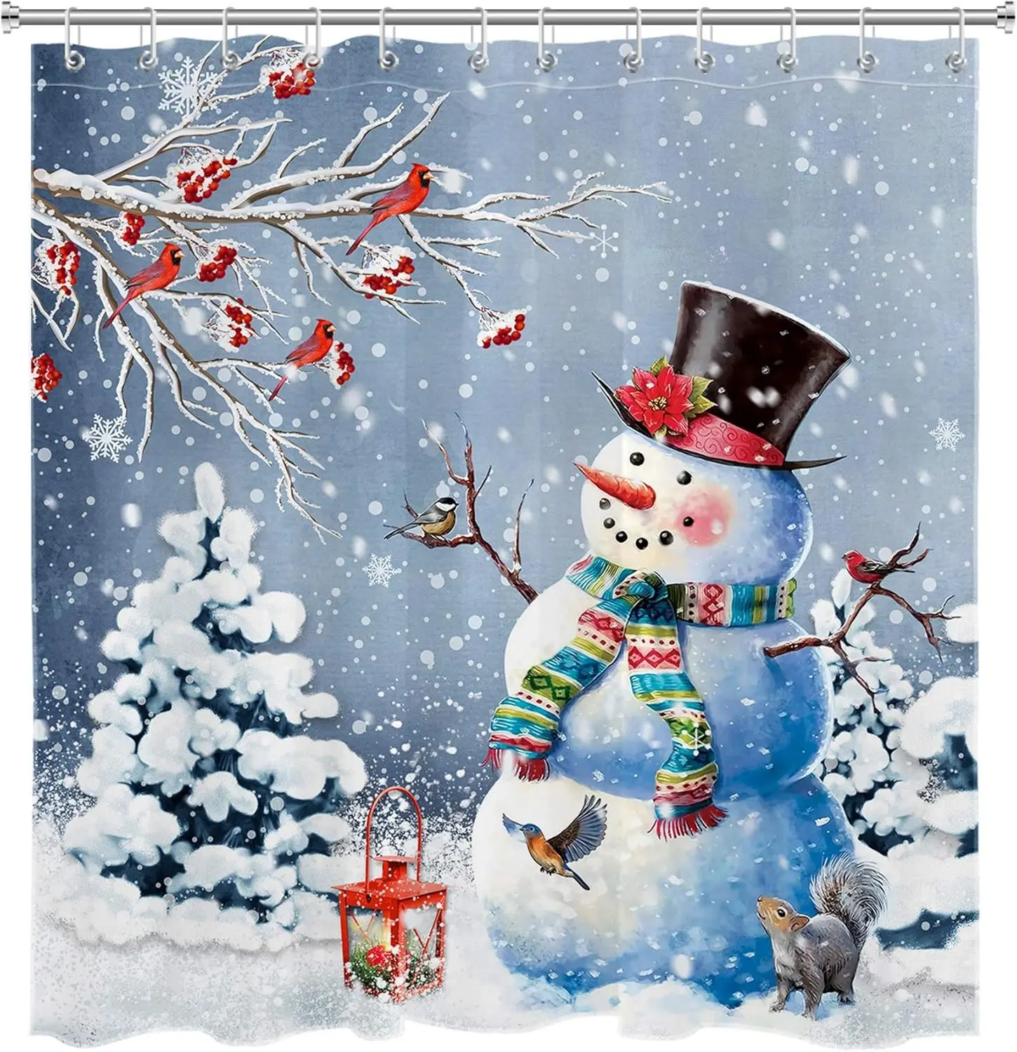 Christmas Snowman Shower Curtain Winter Snow Snowflake Cardinals Birds on Branch Pine Fir Tree Bathroom Curtains Hooks Kids