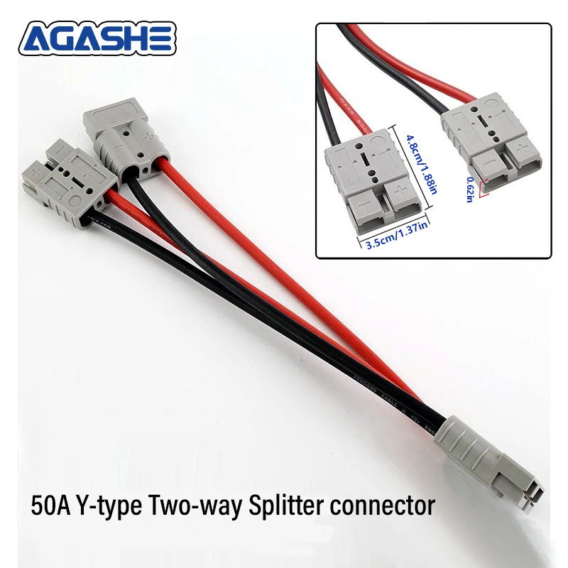 50A 1 in 2 out Y-type power splitter connector, 10AWG tinned copper cable, 10inch/25.4cm with O-ring terminals, 1to2 heavy-duty