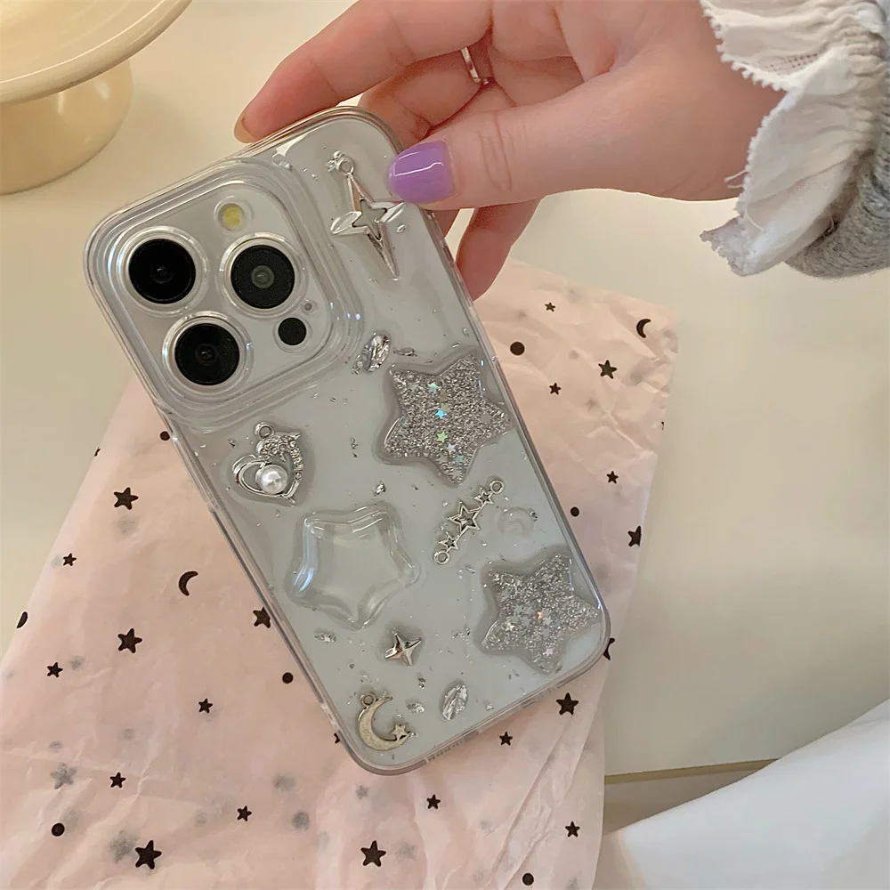 Luxe bling glitter ster duidelijk telefoonhoesje voor dames, transparante harde cover schattig meisje cover, iPhone 15, 14, 12 13 Pro Max 15Pro