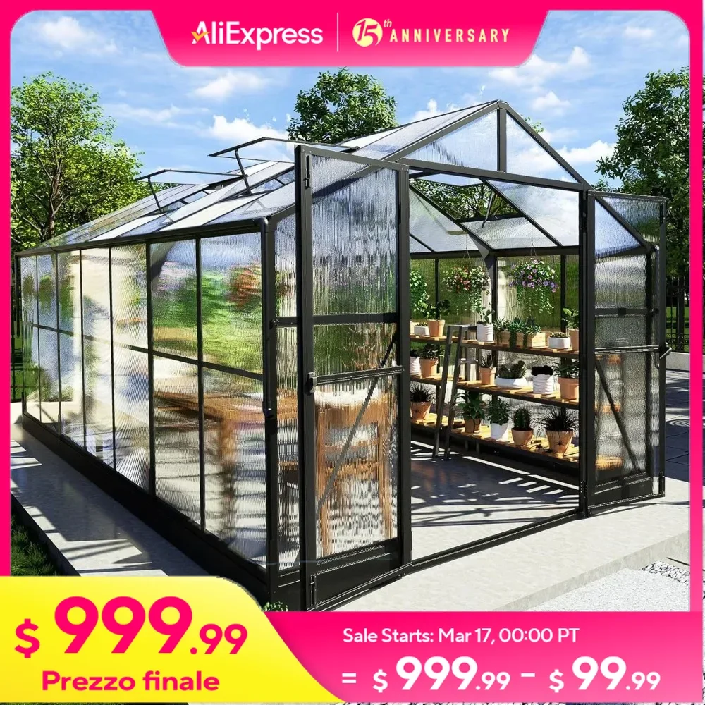 

Теплица 8x14x7 футов с системой быстрого соединения, 4 вентиляционными окнами и распашной дверью, уличная теплица из поликарбоната с возможностью входа