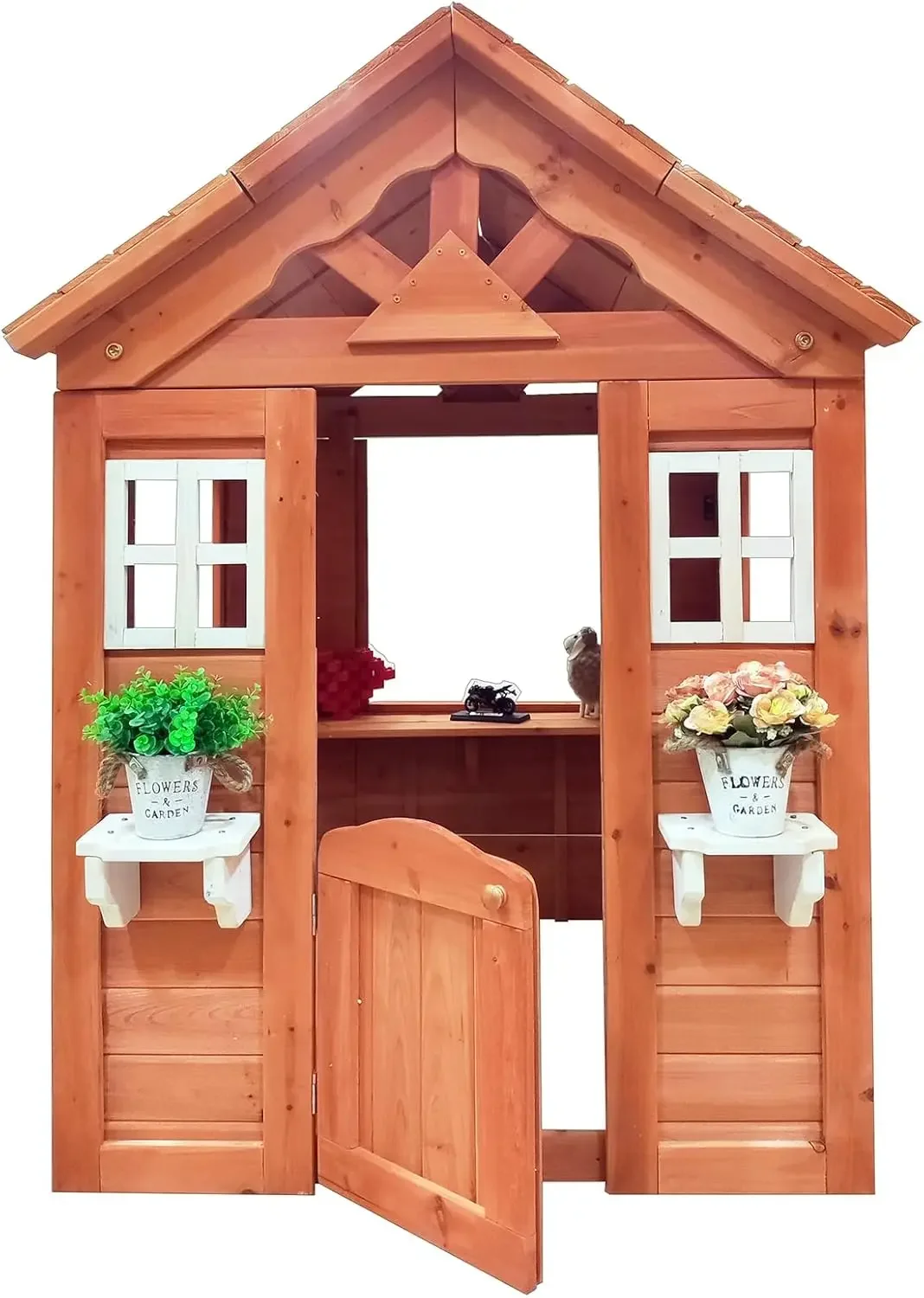 

Wooden Outdoor Playhouse for Age 3-6 Years Boy Girl, Outdoor Cottage Playhouse with Door, 2 Windows, 3 Serving Station,