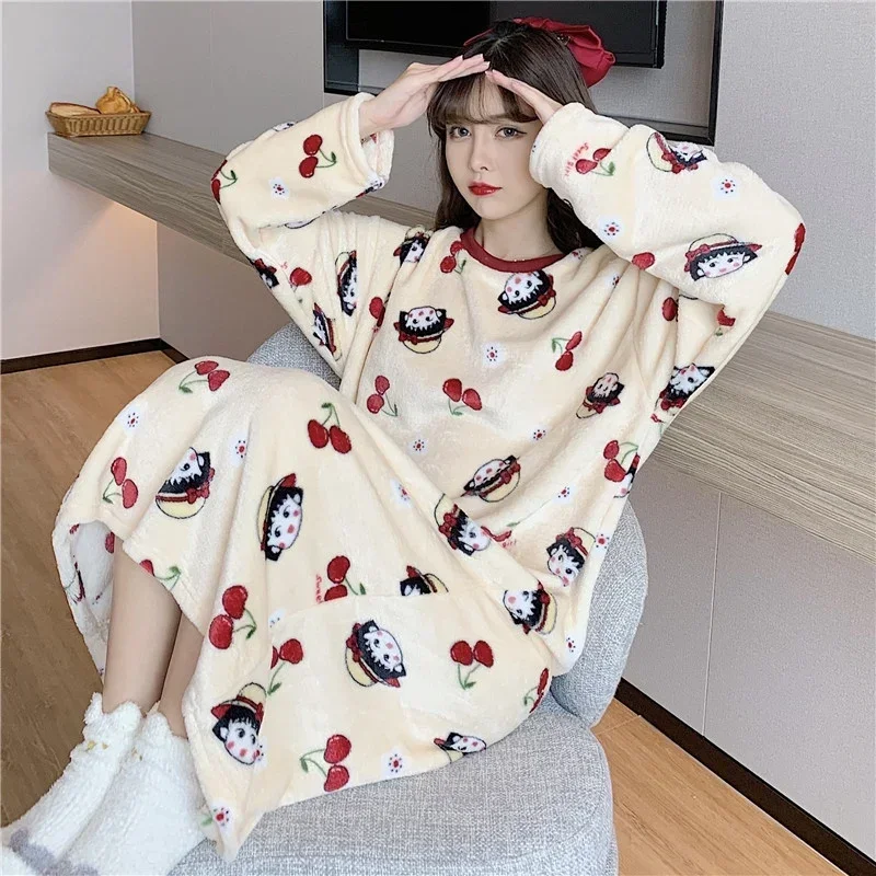 2023 Winter Long Sleeve Thick Warm Flannel Nightgowns for Women Korean Loose Sleepwear Nightdress Ladies Night Dress Home Nighty