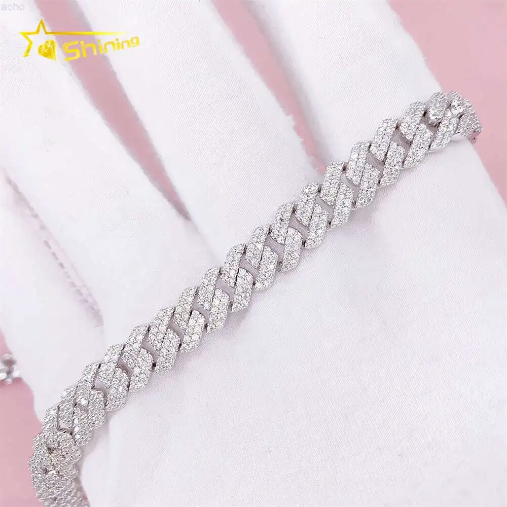 Hip Hop Style 8mm Width 2 Rows 925 Silver Iced Out Diamond Bracelet Moissanite Cuban Link Chain