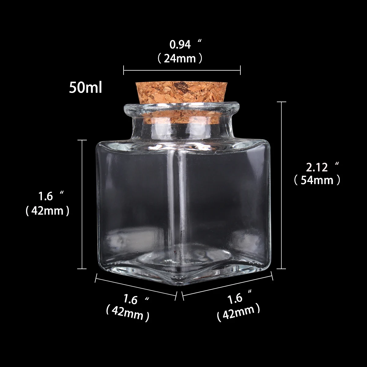 2 Pieces 50ml Transparent Square Glass Bottles with Cork Stopper Empty Spice Jars for Art Crafts Wedding Favors