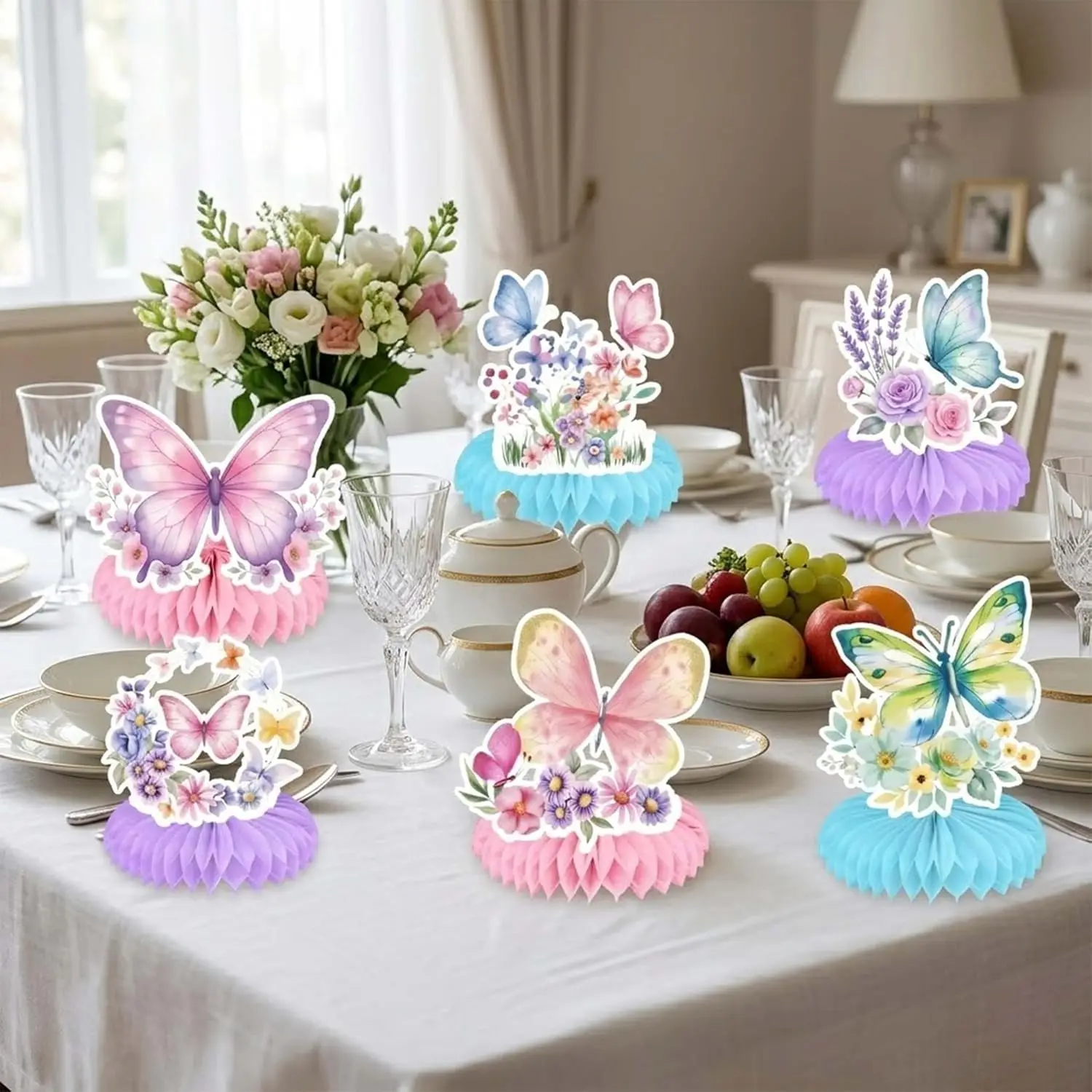 12 Pcs Butterfly Centerpieces Pastel Floral Honeycomb Table Decor Girls Birthday Baby Shower Spring Fairy Desktop Supplies