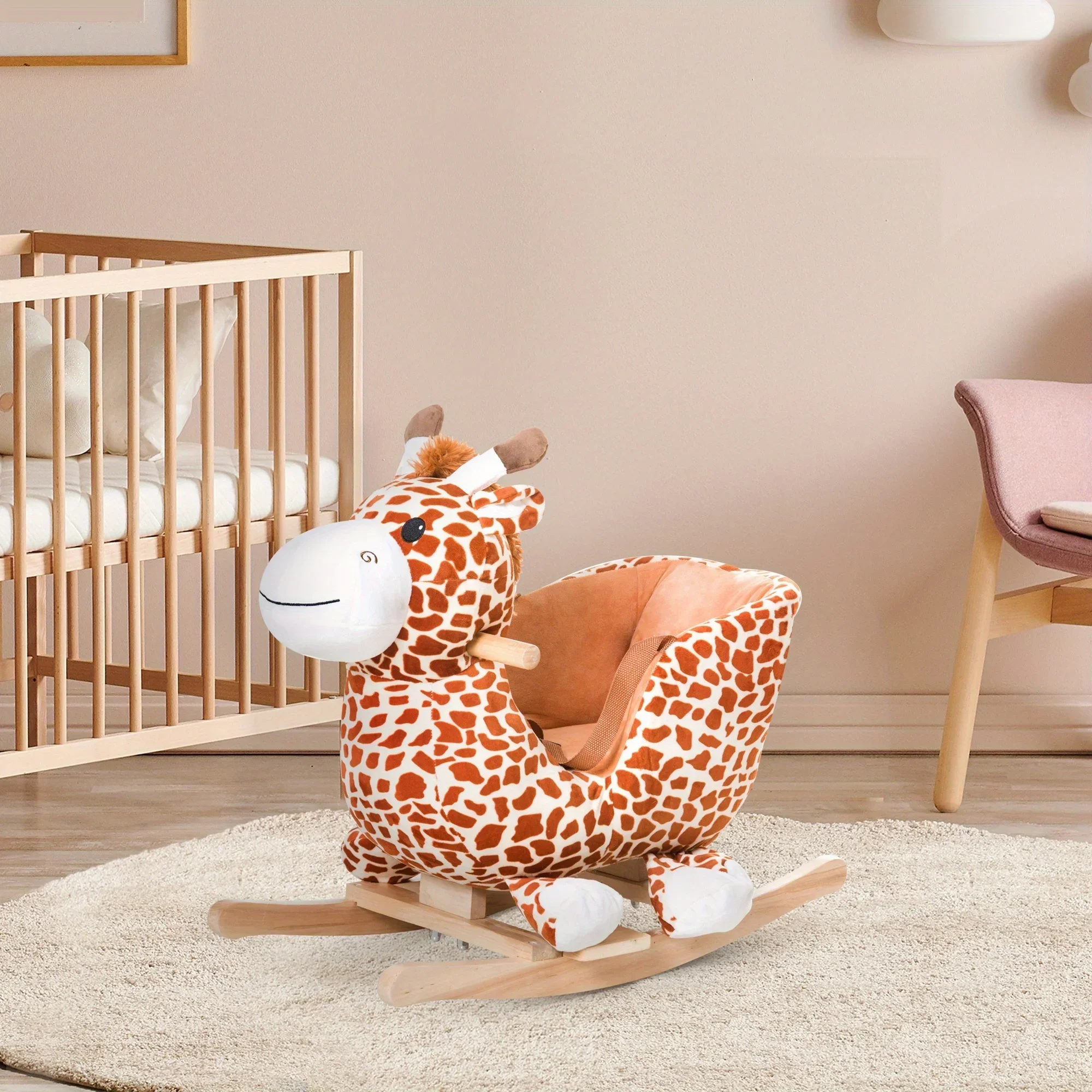 Kids Plush Rocking Horse Giraffe Style Themed Ride-On Chair Toy With Sound Brown