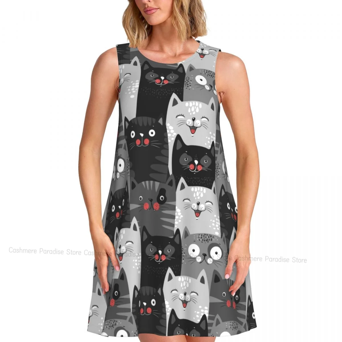 فستان نسائي كارتوني لطيف القطط الصيف عادية تي شيرت فساتين الشاطئ التستر فستان تانك