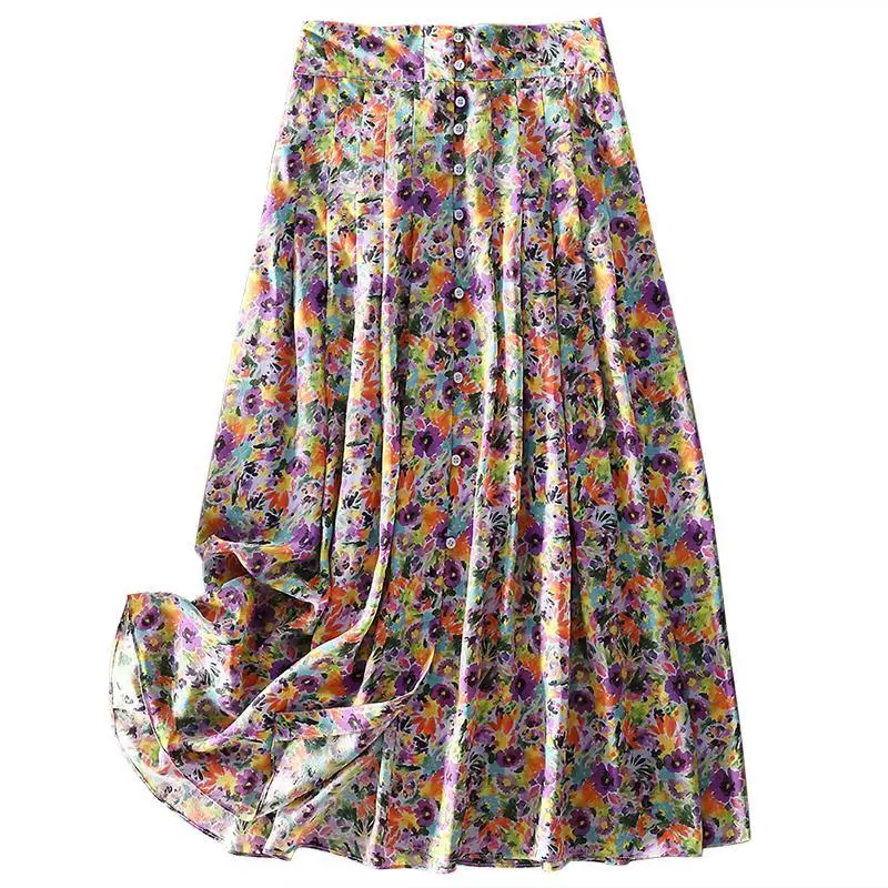 تنورة حلوة مطلية بالزهور مع طيات عالية الخصر حريرية كاملة سوينغ المرأة توصية الحب الذاتي تخفيف Sle الصيف... #5