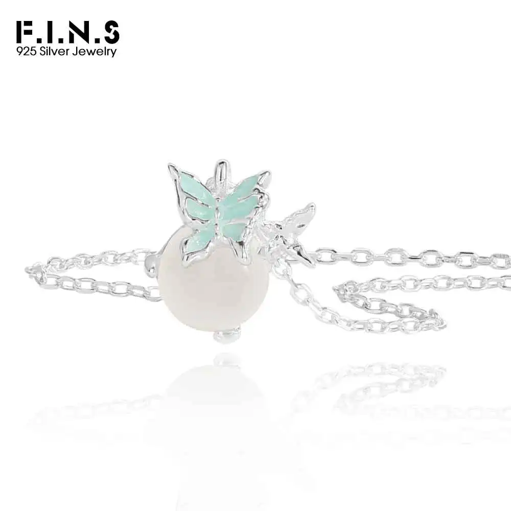 

F.I.N.S Original Design S925 Sterling Silver Necklace Blue Drip Glue Butterfly Round White Agate Small Pendants For Women Jewels