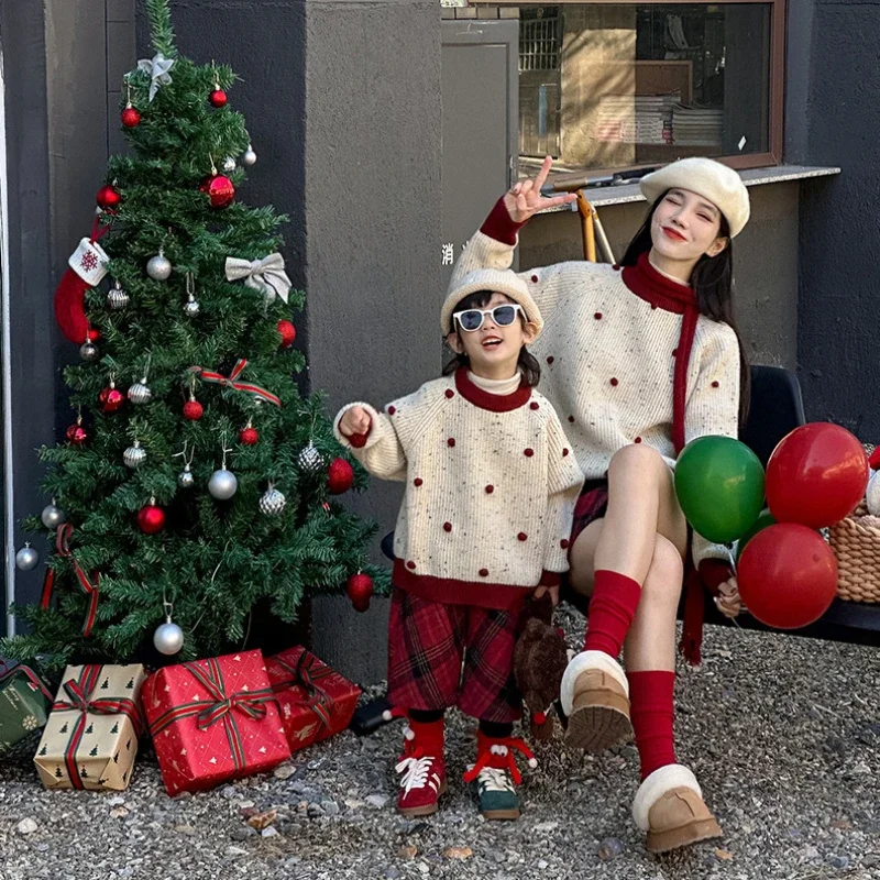 Mother and Son Christmas Matching Outfit Mom and Baby Daughter Knitted Sweater + Plaid Skirts Two Piece Sets Children Sweater