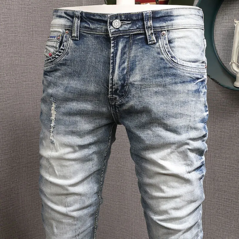 Newly Designer Fashion Men Jeans Retro Blue Washed Elastic Slim Fit Ripped Jeans Men Stretch Trousers Vintage Denim Pants Hombre