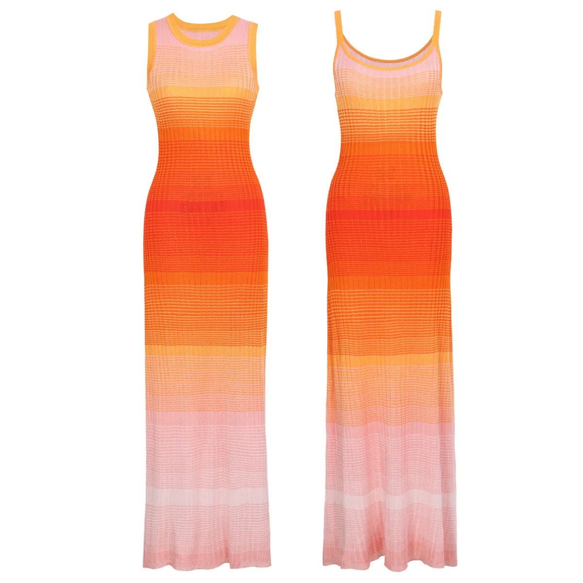 Tie-Dye & Striped Maxi Dress - Women's Designer Knitted Beach Dress Slim Fit Sleeveless, Summer Vacation Outfit