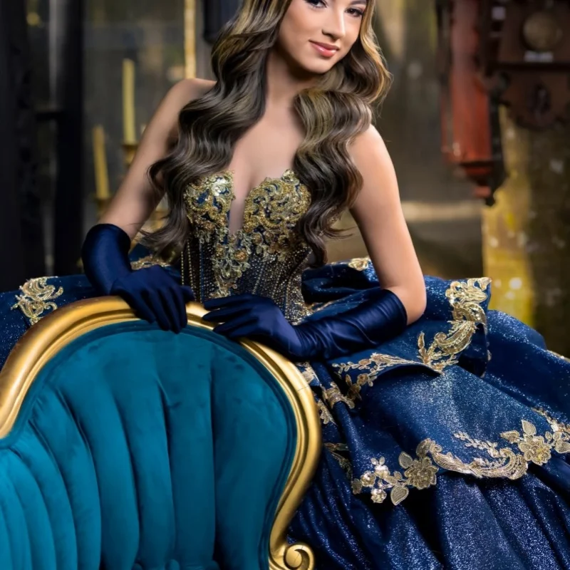 

Shiny Dark Blue Quinceanera Dress off-shoulder Crystal Golden Glitter Decal Long tail Bow vestidos de 15 Quinceanera ﻿Customize