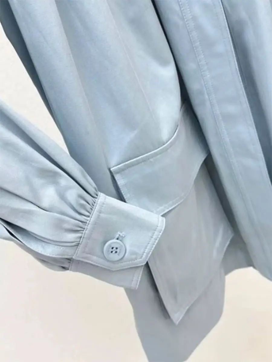 GALCAUR Blauw Gesplitste Plooien Basics Jas Vrouwelijke Revers Lange Mouw Losse Ontwerp Kantoor Dame Damesjassen Mode Herfst Nieuwe