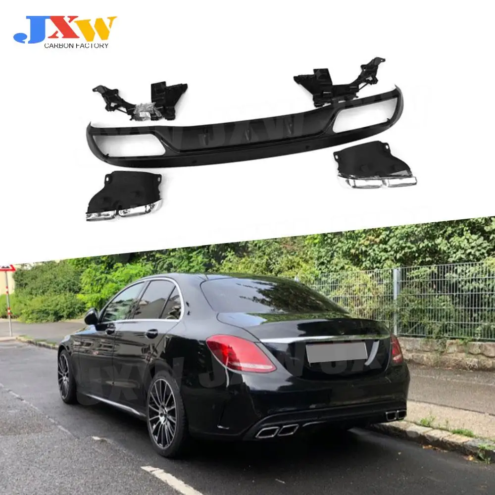 

For C Class PP Rear Bumper Lip Diffuser with Exhaust Tip for Benz W205 Sport Bumper 4 Door Change to C63 AMG not for standard